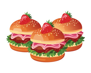 Juicy beef hamburgers with fresh strawberries and cheese - Vector Illustration
