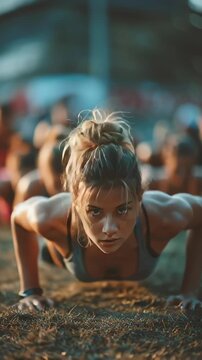 Strong athlete leading outdoor bootcamp push-up training with group, showing determination and fitness intensity under warm light