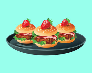 Group of gourmet mini burgers with fresh strawberries - Vector Illustration