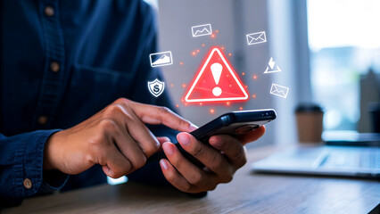 Urgent alert on smartphone shows cybersecurity risk and data breach warnings with glowing notification icons and security shield