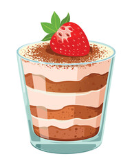 Tiramisu dessert with layers of coffee-soaked sponge and cream, topped with fresh strawberries in a cup - Vector Illustration