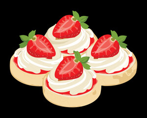 A plate of meringue nests topped with sweet cream and fresh strawberries, a delightful and light dessert - Vector Illustration