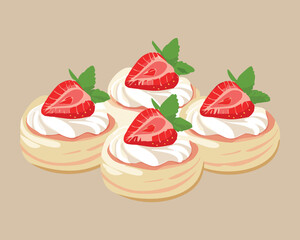 Delicate meringue nests with fresh strawberries and sweet cream, a classic and elegant dessert - Vector Illustration