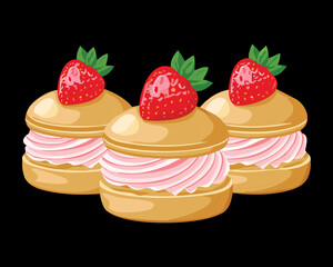 Tasty cream puffs with sweet cream and sliced strawberries on top, a delightful and delicious dessert - Vector Illustration