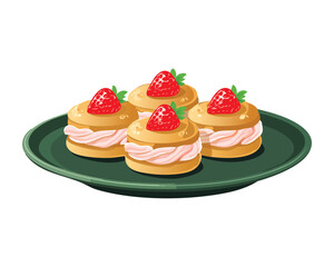 Delicious choux pastry with cream and fresh strawberries on a green plate for sweet and gourmet dessert - Vector Illustration