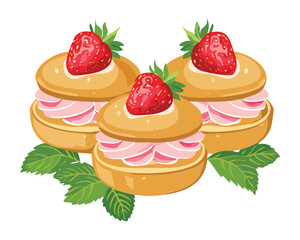 Stack of delicious choux pastry buns filled with creamy filling and topped with fresh sliced strawberries - Vector Illustration