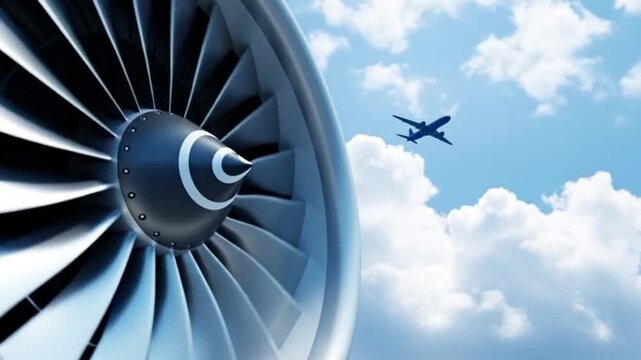 Closeup of an airplane engine with a plane flying in the blue sky with white clouds, representing air travel, aviation, and the aerospace industry