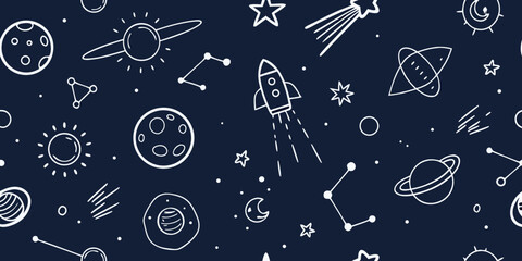 Space Themed Doodle Pattern With Rockets Planets Stars And UF Os seamless background
