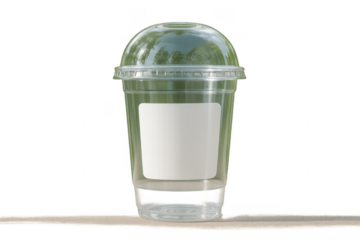 Clear plastic cup with a lid sits on a table. 3d isolated illustration on transparent background