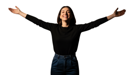 Happy Smiling Woman With Arms Outstretched Against Transparent Background