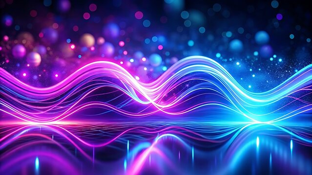Neon background of purple and blue gradient glowing digital waves. Futuristic technology concept, vibrant energy. Dynamic waves flow with neon light and bokeh. Innovations, virtualization.