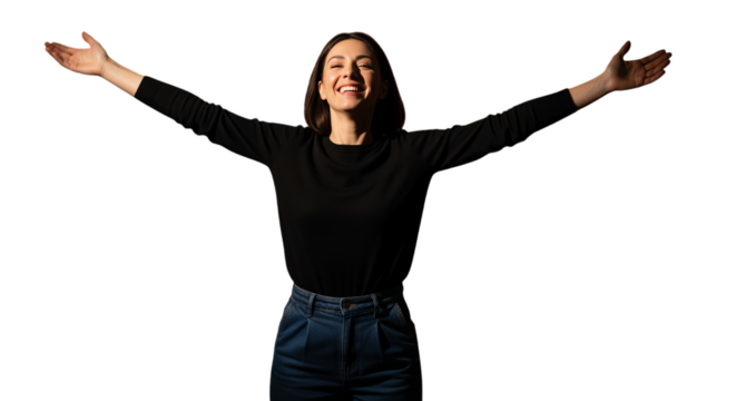 Happy Smiling Woman With Arms Outstretched Against Transparent Background