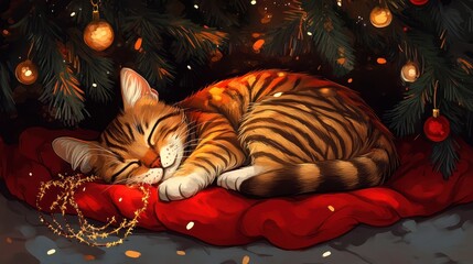 A sleepy tabby cat is curled up on a red blanket under a glittering Christmas tree, its back decorated with sparkling tinsel in a cartoon style.