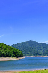 Nukabira River Bridge with Nukabira Lake, River and Dam under July Blue Sky, Hokkaido Japan


