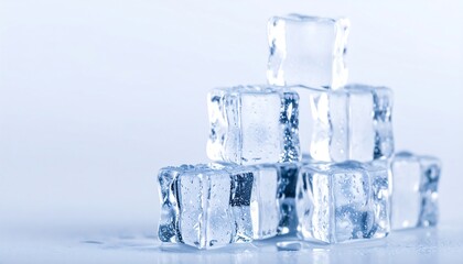 Stacked ice cubes, glistening with water droplets, arranged in a cool, orderly pyramid against a light background.