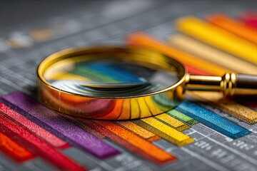 Magnifying glass over colorful bar graph