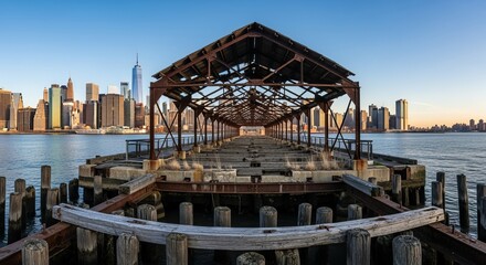 Old Pier with Dilapidated Roof Frame and City Skyline