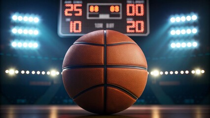 Basketball Scoreboard Concept A basketball rests on the court, illuminated by bright lights and a scoreboard in the background.