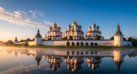 Obraz premium Golden Domes Reflected in Misty Lake at Sunrise with White Walls and Towers