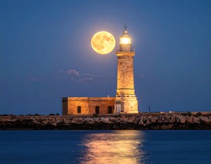 Illuminated lighthouse stands tall beside a large, full moon reflecting on calm water