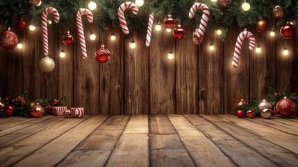A warm, festive wooden backdrop with hanging decorations, candy canes, and Christmas lights adorning the edges, leaving a large empty space in the center for holiday-related advertising content.