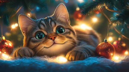 A tabby cat relaxes beneath the twinkling Christmas tree, the colorful lights casting playful reflections on the shiny ornaments. cartoon style