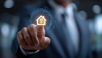 Businessman's finger touches a digital house icon with dollar sign