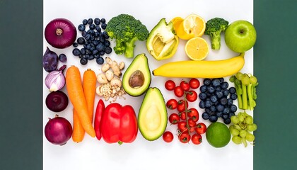Colorful array of fresh fruits and vegetables arranged on a white surface