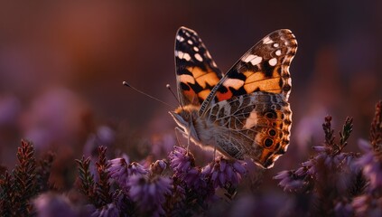 Obraz premium A magnificent marbled white butterfly rests gently on a cluster of delicate purple heather flowers, bathed in warm, golden sunlight.
