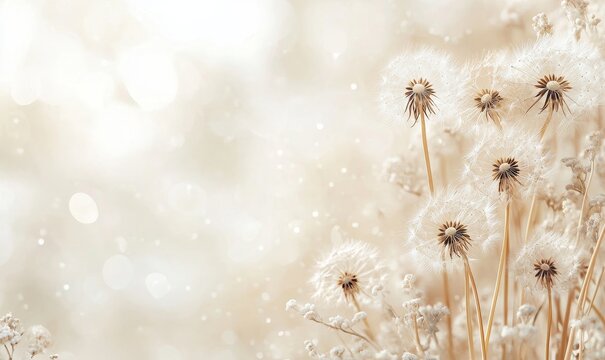Dandelion fluff background designed in an aesthetic minimalism style, with beige, neutral, and pastel colors. The elegant flying fluffs evoke fragility and lightness, creating a serene, Generative AI
