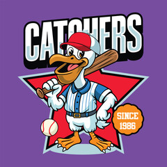 Pelican holding bat Baseball Sport Mascot in Cartoon Cute Illustration