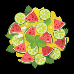 A vibrant fruit salad with watermelon, citrus slices, and other fruits on a plate - Vector Illustration