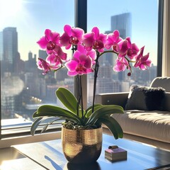 Naklejka na ściany i meble Pink orchids on coffee table, city view (3)
