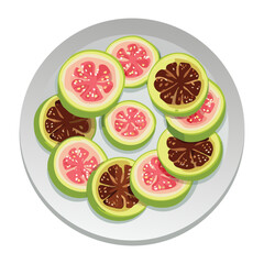 Pink guava slices with seeds arranged in a beautiful mandala-like pattern on a white plate - Vector Illustration