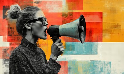 Creative collage style image of an individual holding a megaphone, delivering announcements and promotions with attention-grabbing urgency. This concept symbolizes leadership, Generative AI