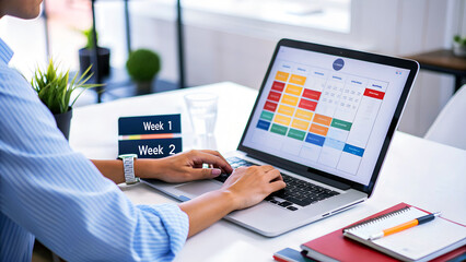 Focused professional plans projects using colorful digital calendar on laptop screen in modern bright workspace