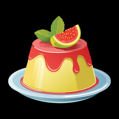 A Delicious Custard Pudding Topped with Guava Sauce and a Fig Slice, a Simple and Sweet Treat - Vector Illustration
