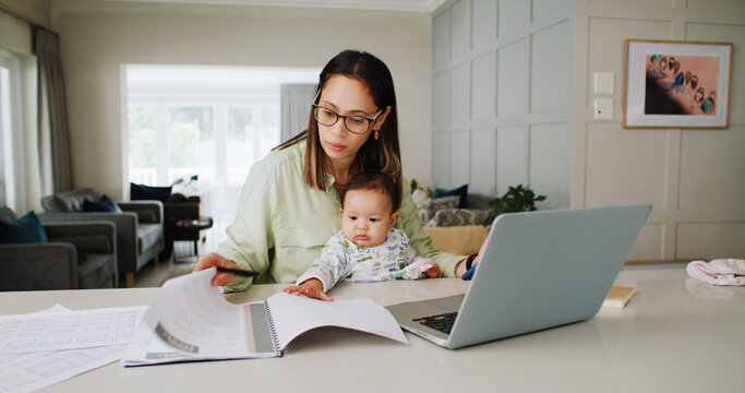 Laptop, remote work and mom with baby in home for online article, research and copywriting. Family, multitasking and mother with child on computer for freelance career, editing project and planning