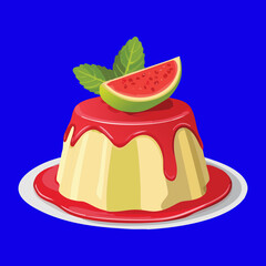 A Custard Pudding Topped with Guava Sauce and a Fig Slice, a Delicious and Unique Dessert - Vector Illustration