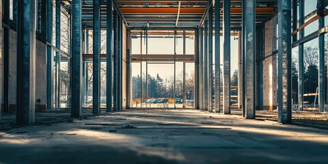View from inside a skeletal frame of a building under construction Stock photo