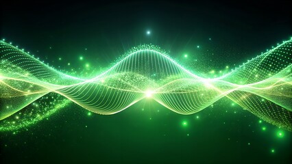 Photo of vibrant green and yellow glowing digital wave of particles forming an abstract sound wave or data stream, symbolizing energy, science, and connection
