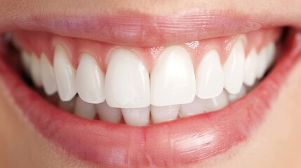 Radiant Smiles: Warm Close-Up of Smiling Teeth – Bright, Well-Aligned Teeth Glinting in Soft Light, Subtle Pink Gums Framing Each Tooth, and a Natural, Genuine Smile That Conveys Joy