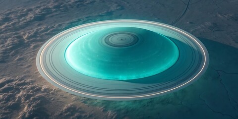 Futuristic alien spaceship hovering over a barren alien planet surface with glowing blue lights and intricate details.