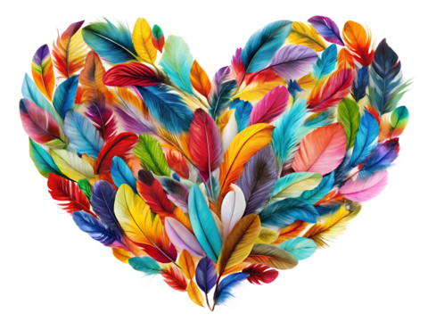 Colorful Feather Heart Shape Arrangement on Transparent Background - Powered by Adobe