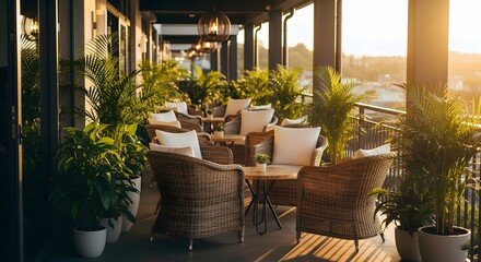 Fototapeta premium Inviting outdoor balcony seating area adorned with lush green plants and warm sunset light