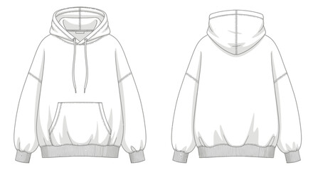 Fashion flat sketch of a white oversized hoodie with a front pocket and drawstring hood, presented from the front and back for garment design and creation