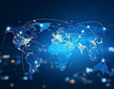 Illuminated world map depicting global network connections