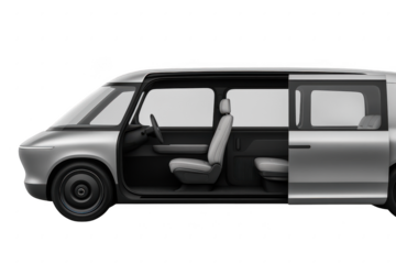 Silver car with a black door is shown with the door open. 3d isolated illustration on transparent background
