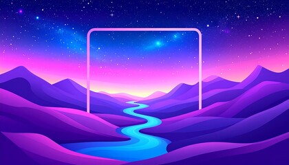 Obraz premium Neon landscape with river and starry sky.