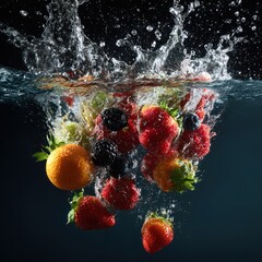 natural fruits falling into clear water splash